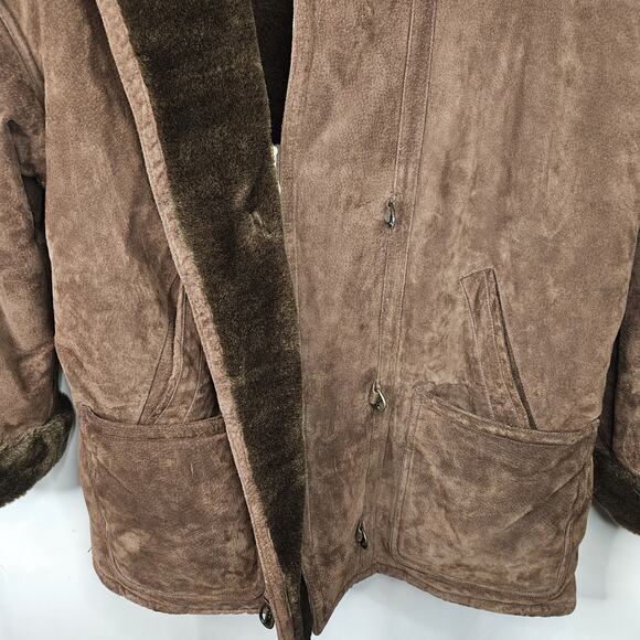 Vintage Synergy Oversized Leather Faux Shearling Coat Large Chocolate Brown - Picture 11 of 13